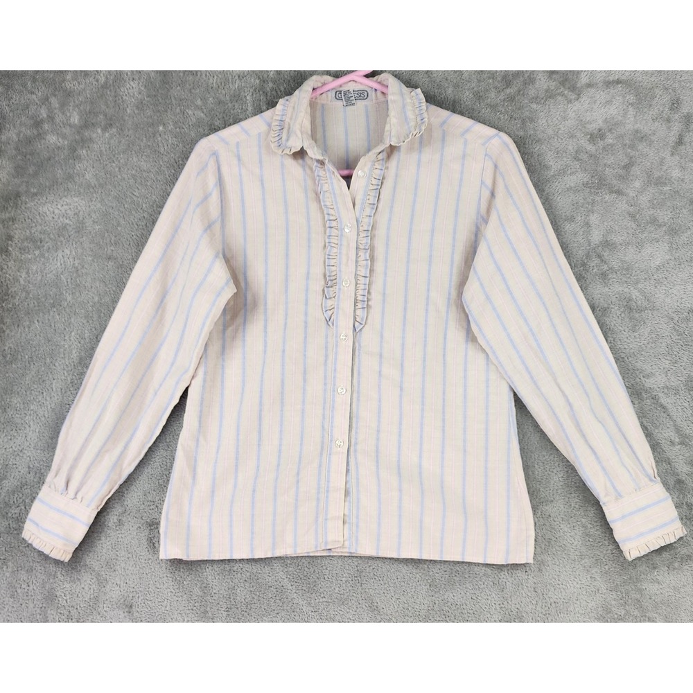 Genesis Shirt Womens Size 7 Pink Blue Striped Ruffle Collar Button Up Blouse Top